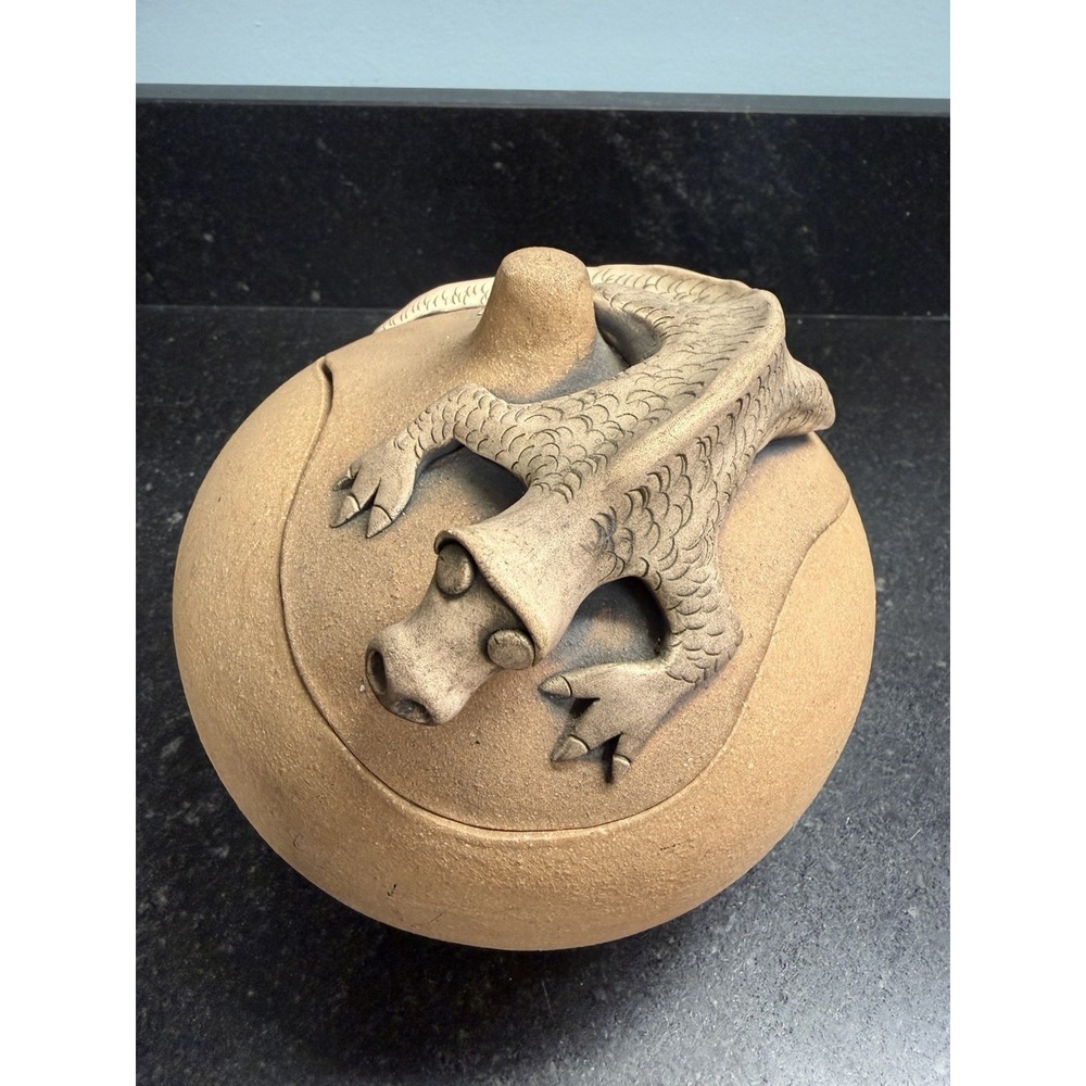 Carolyn Francis CF Signed Studio Pottery Lidded Dragon Lizard Jar Trinket Box